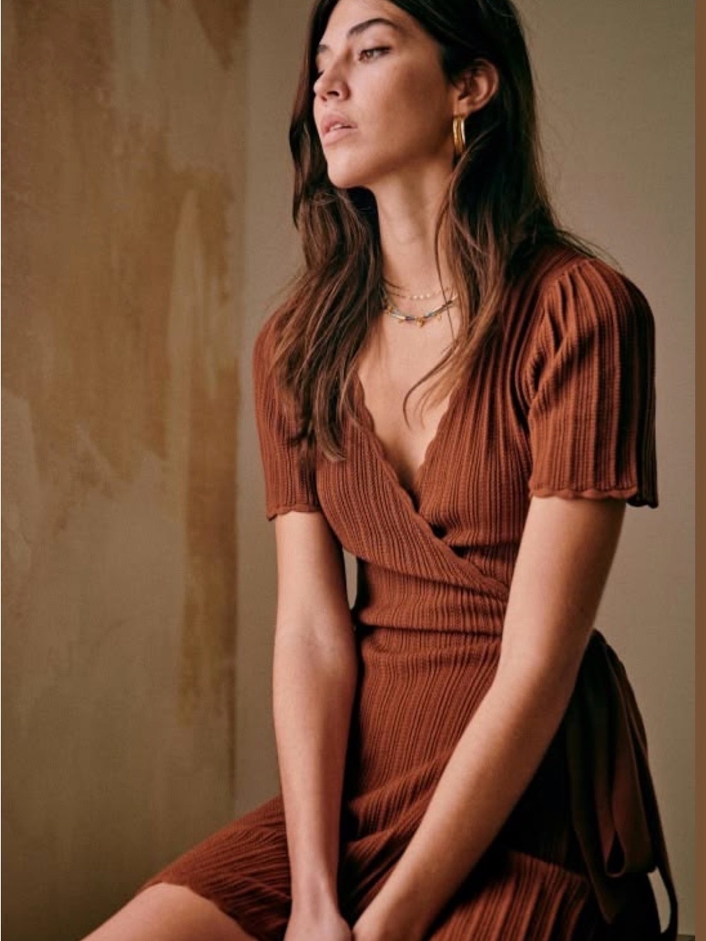 Sezane Louisa Ribbed Wrap Mini Dress in Chestnut Brown